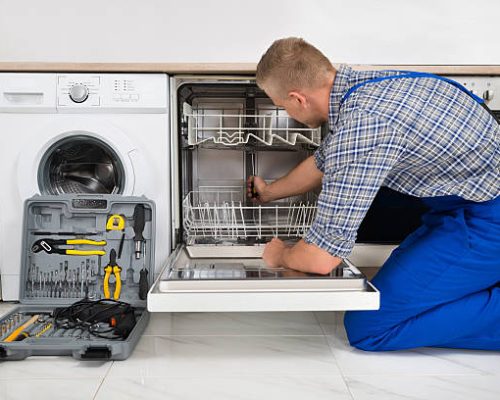 Young Man In Overall With Toolbox Repairing Dishwasher
